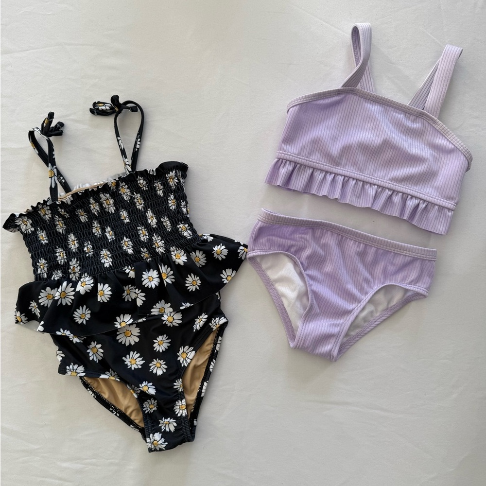 Toddler Girl’s 4T Black Daisy Floral One-Piece and Lilac Two-Piece Set